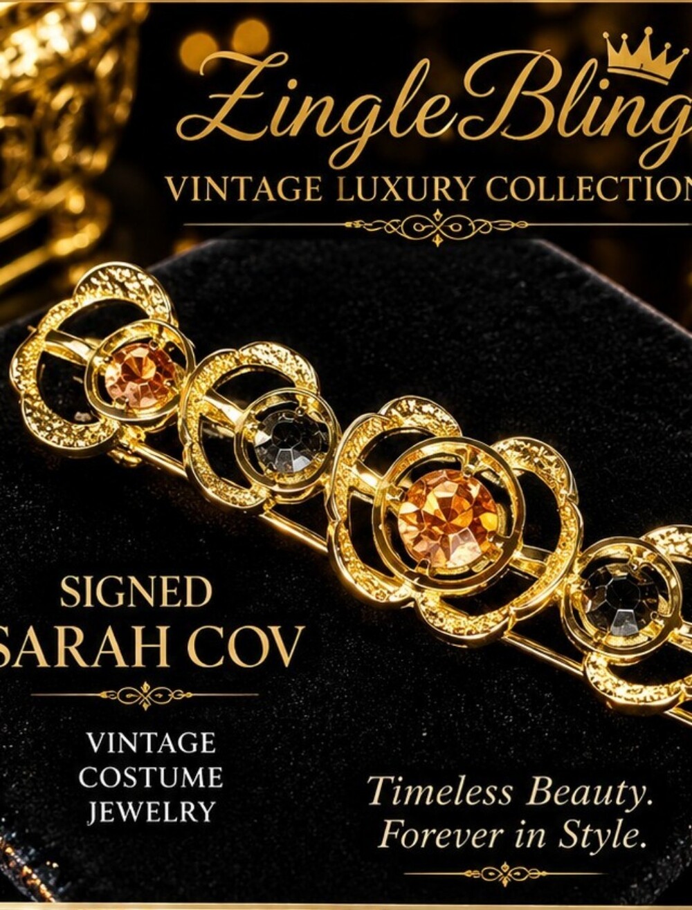 Vintage Sarah Coventry Brooch Gold Tone Floral Smoky Topaz Rhinestone Signed